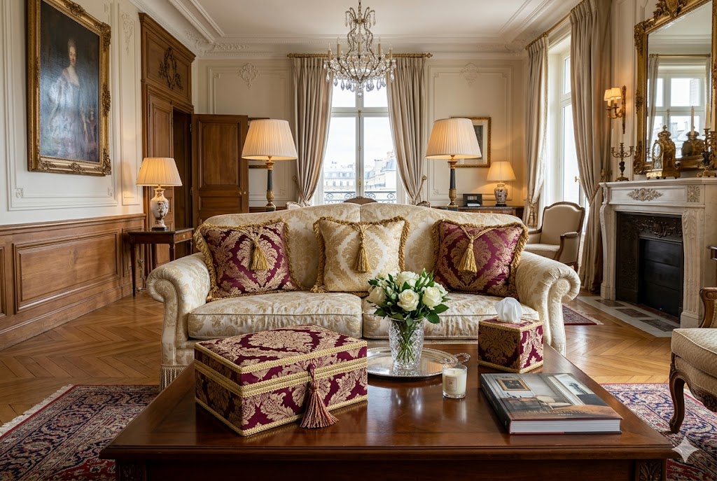 ジェニファーテイラーのクッションやボックスでコーディネートされた優雅な空間