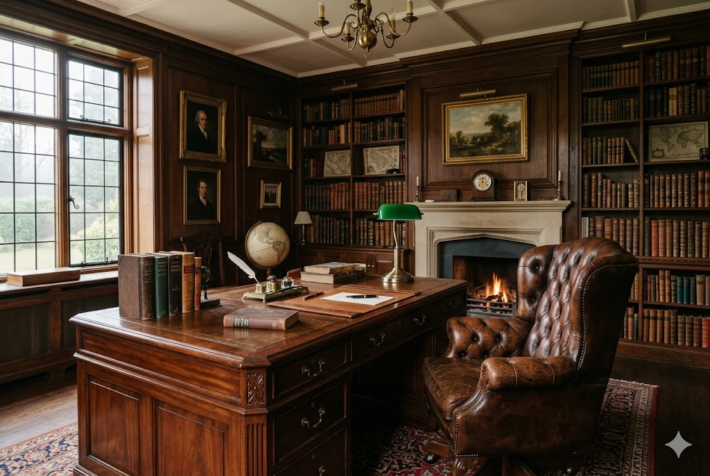 重厚なデスクとレザーチェアが置かれたクラシカルな書斎