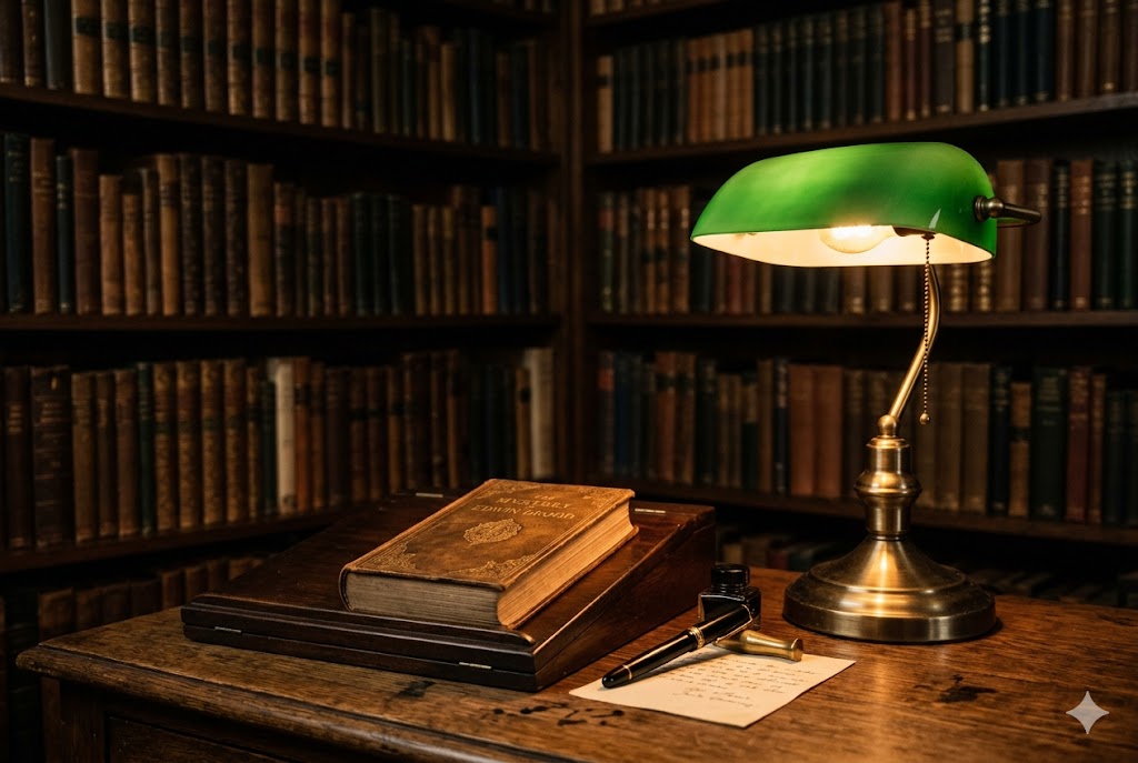 重厚なブックケースとデスクランプで演出された書斎の一角