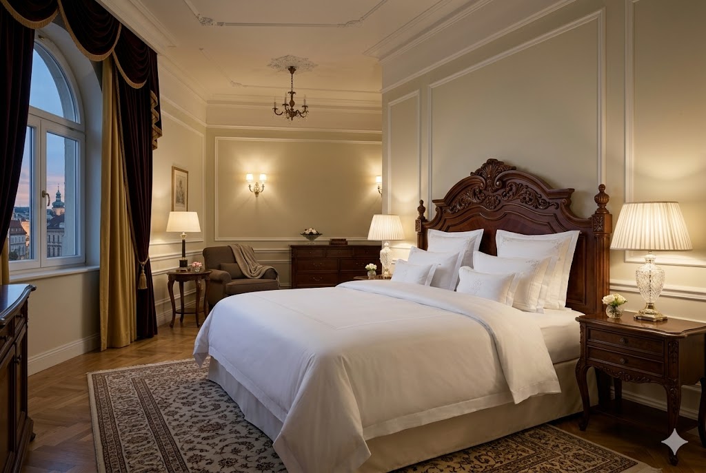 上質なマットレスと美しいベッドフレームが置かれた高級感のある寝室