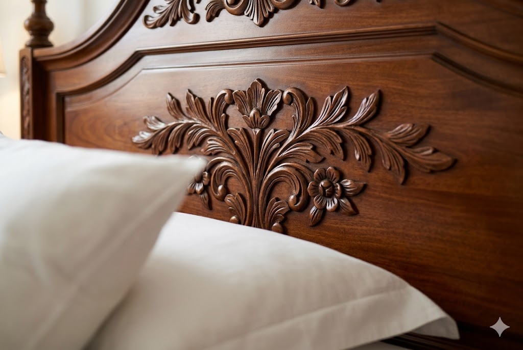 美しい装飾が施されたベッドボードと上質な寝具
