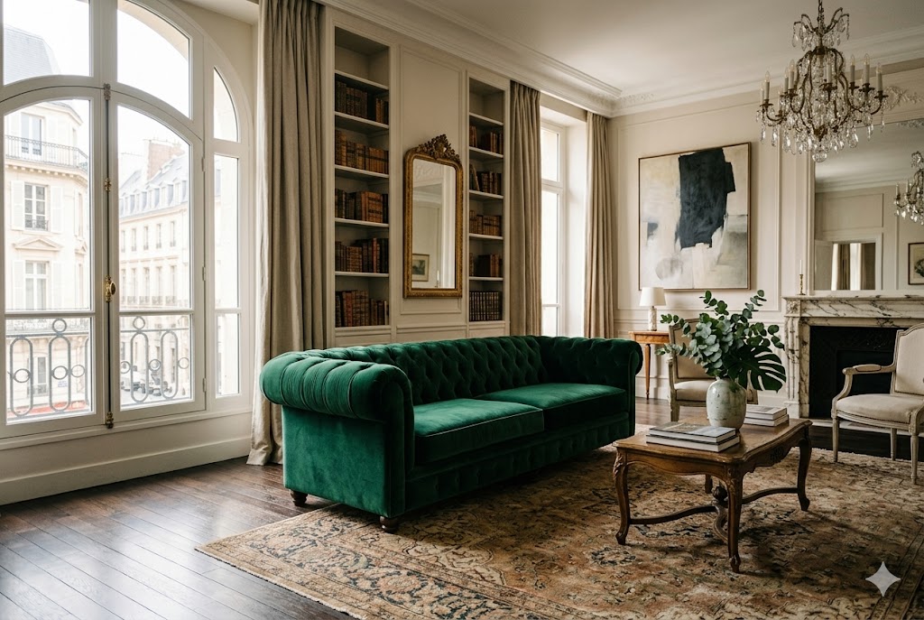 美しい艶を放つベルベット素材のソファがあるリビング