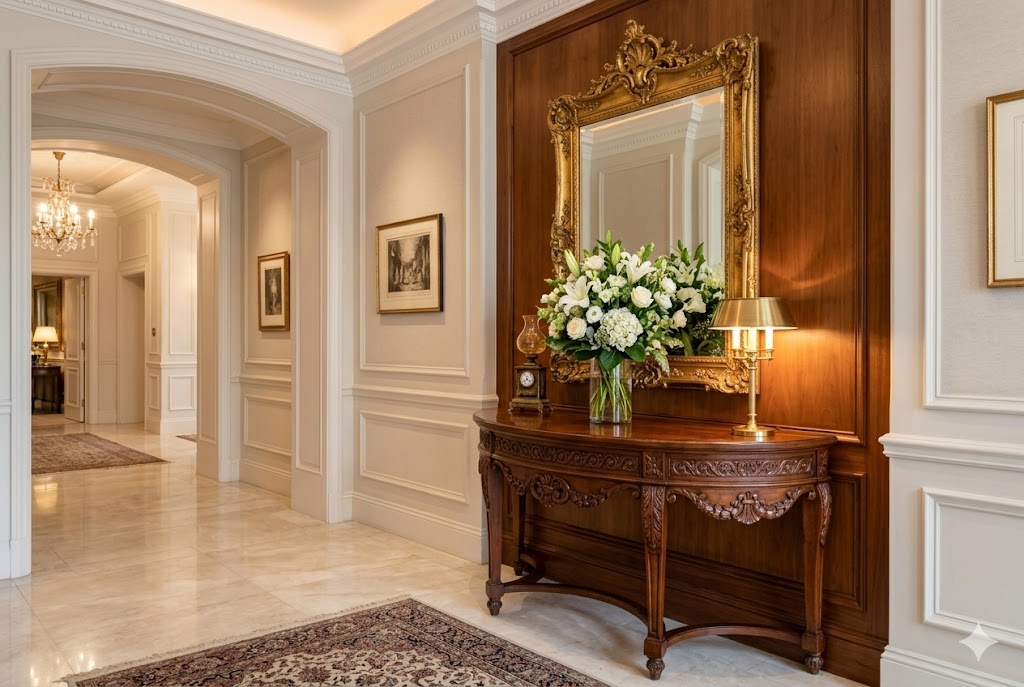 コンソールテーブルとウォールミラーで美しく飾られた玄関ホール