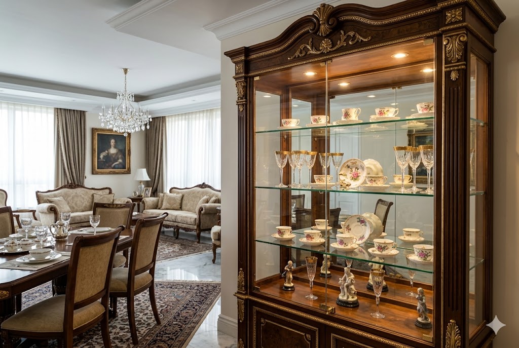 ガラス扉のキュリオケースに美しく飾られた食器コレクション