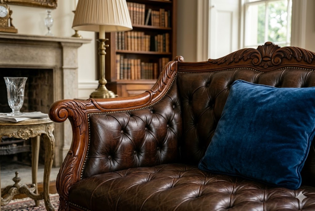 美しい彫刻が施された上質な無垢材のダイニングセット