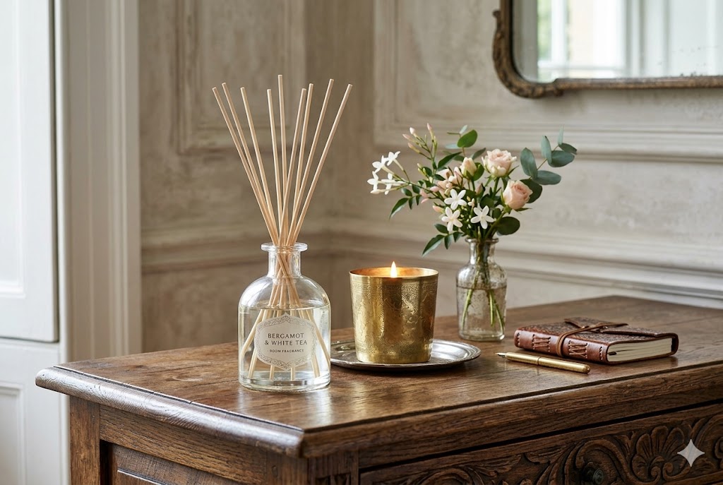 コンソールテーブルに美しく飾られたルームフレグランス