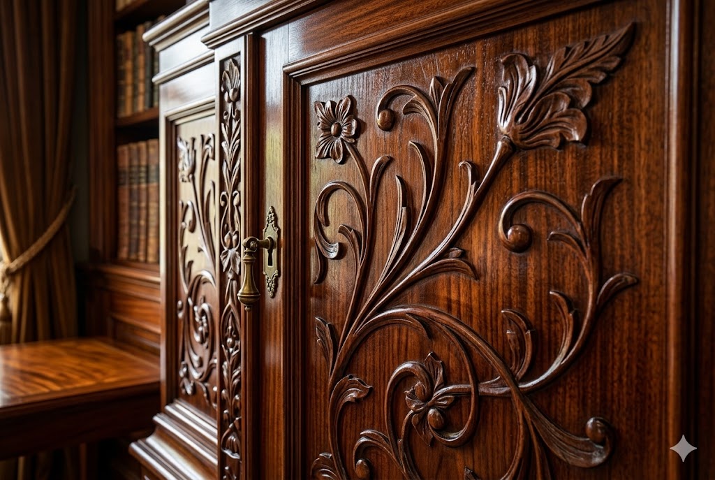 美しい彫刻が施された上質なキャビネットのある空間