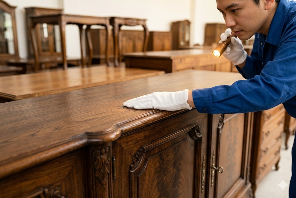 倉庫で家具を丁寧に検品するスタッフの手元