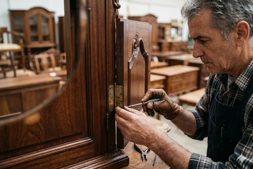 専門の道具を使って家具の蝶番（ヒンジ）を微調整する様子