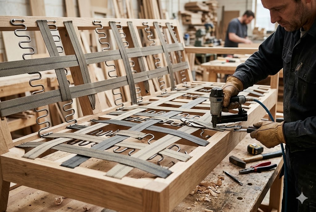 職人がソファの木枠にSバネとウェービングベルトを張り込んでいる様子