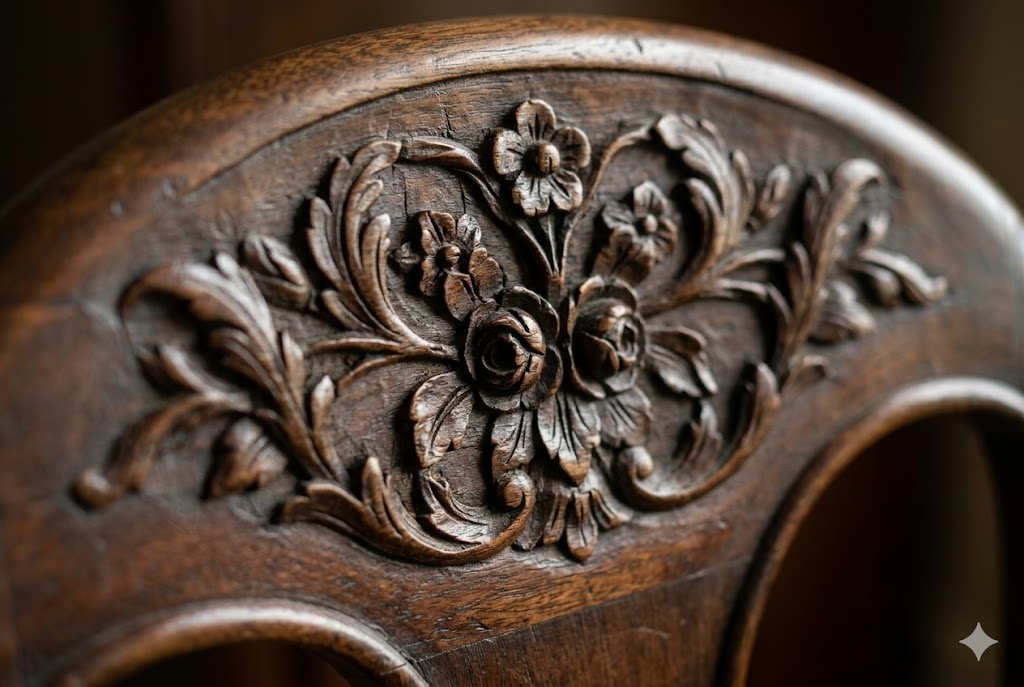 職人の手彫りによる美しい木製家具の装飾