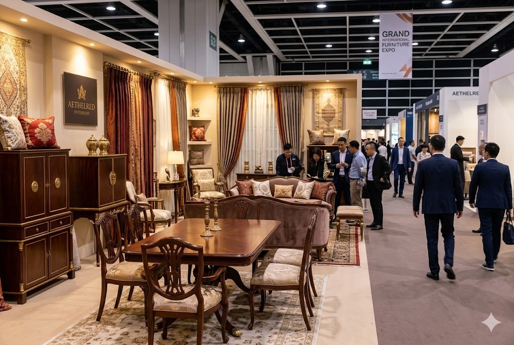 海外の家具見本市の賑やかな展示ブースの様子