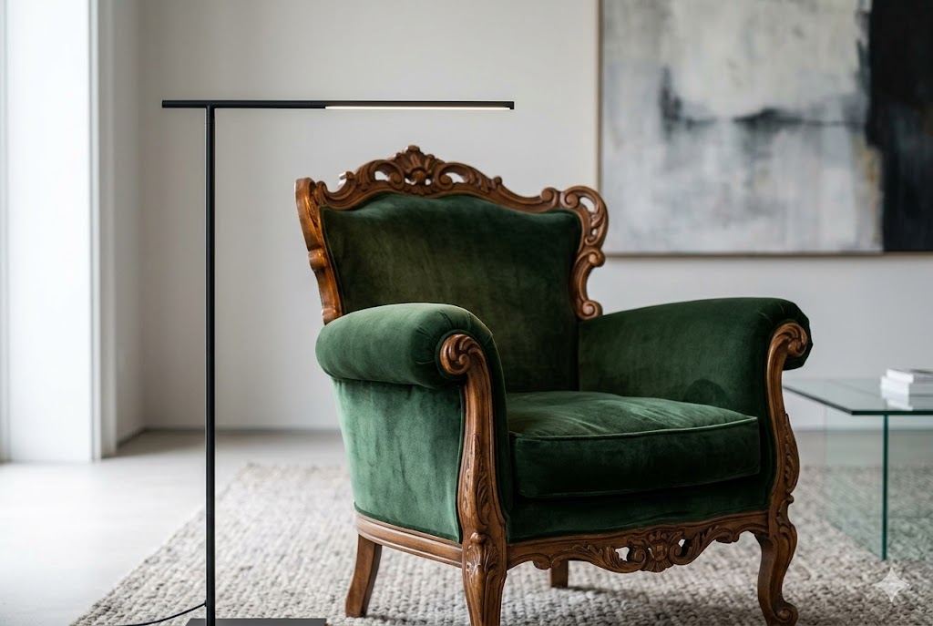 アースカラーのベルベットチェアとモダンな小物を合わせた展示