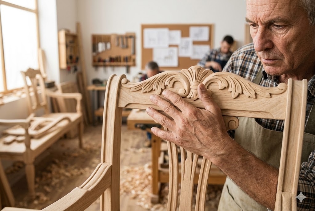届いたサンプル家具のディテールを職人とスタッフが確認している様子