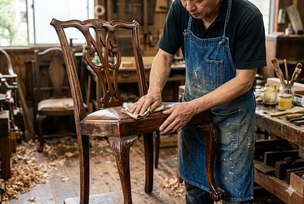 職人が家具を丁寧に修理（メンテナンス）している手元