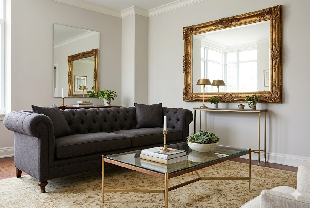 ウォールミラーとガラス天板のテーブルで抜け感を演出した空間