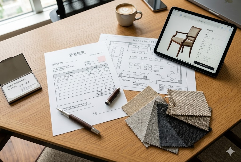 デスクの上で見積書や図面を確認しながら打ち合わせをする様子