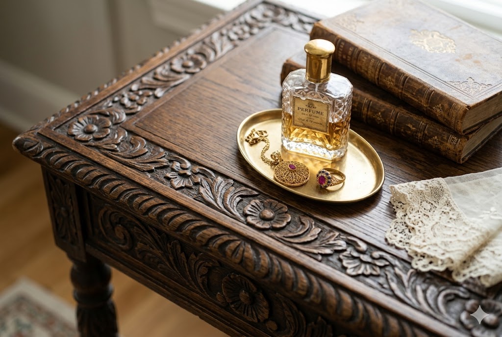 アンティーク調のテーブルを使ったアクセサリーの商品撮影イメージ