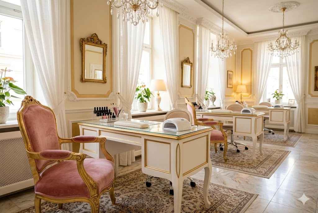 エレガントなチェアが並ぶ美しいネイルサロンの施術スペース