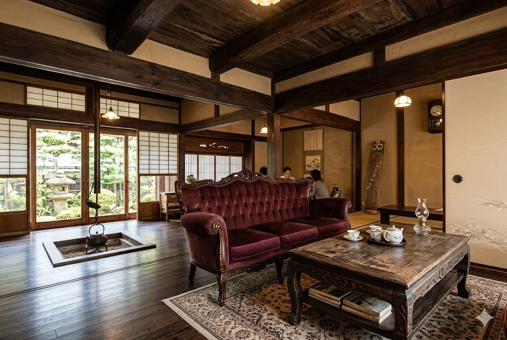 古民家の太い梁とクラシック家具が調和する美しいカフェ空間