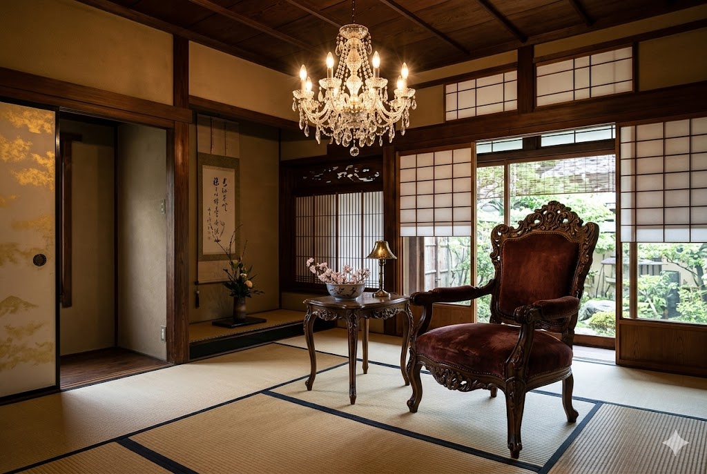 和室の畳の上に置かれたクラシックなアームチェアとシャンデリア