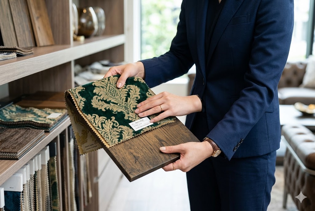 インテリアコーディネーターが生地サンプルを施主様に見せているイメージ