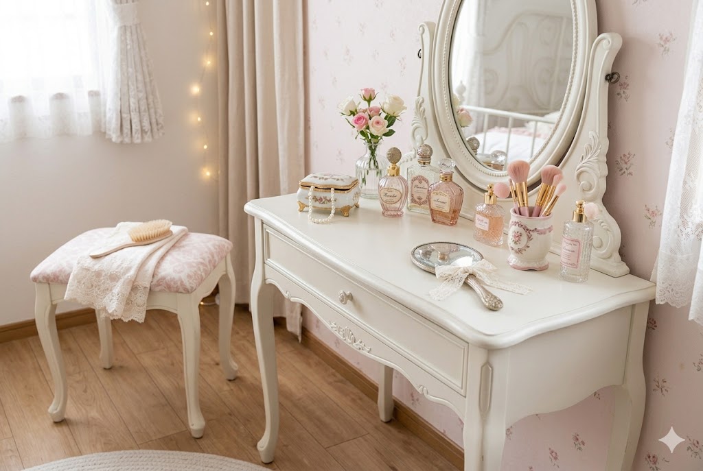 猫脚の美しいドレッサーが置かれた一人暮らしのロマンティックな部屋