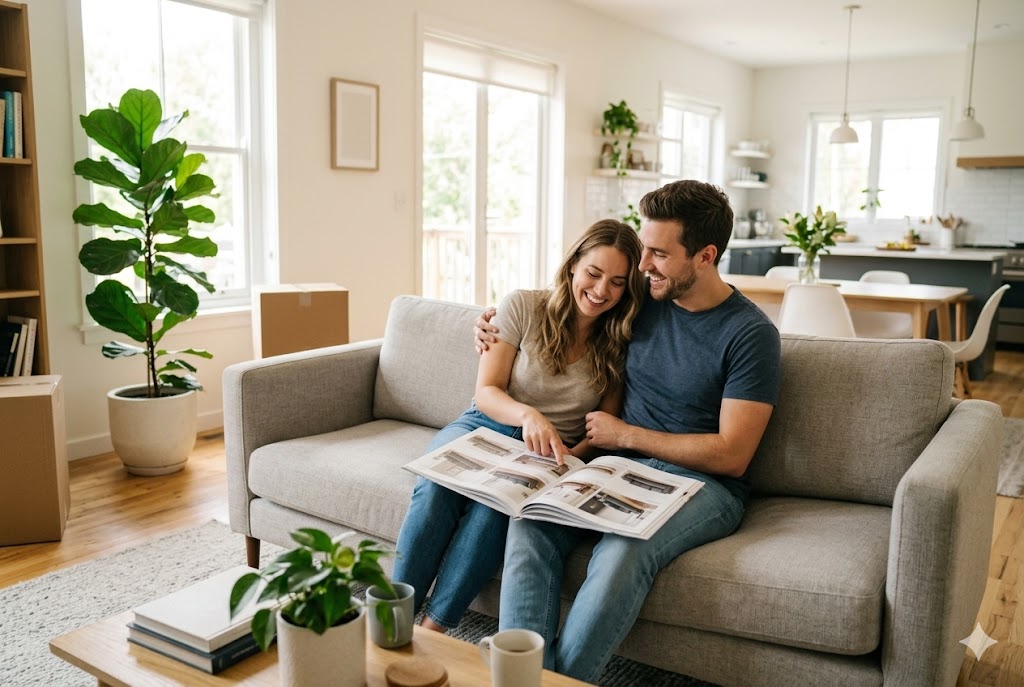 カタログを見ながら笑顔で家具を選ぶカップルのイメージ