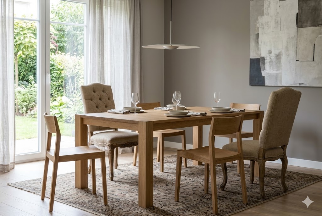 クラシカルなチェアとシンプルなテーブルを合わせたミックススタイルのダイニング