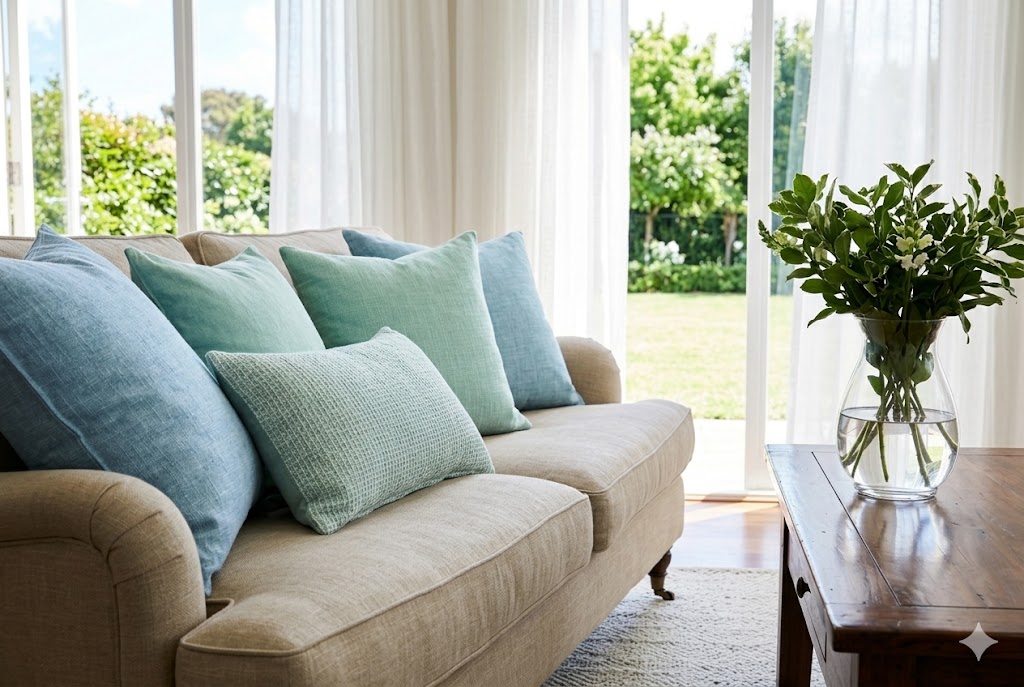 リネン素材のクッションとガラスの花瓶が置かれたサイドテーブル