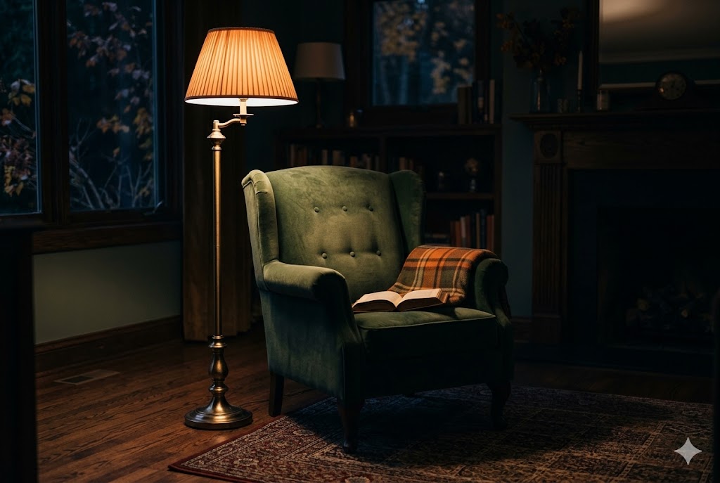 パーソナルチェアとフロアランプが置かれた秋の夜の読書空間