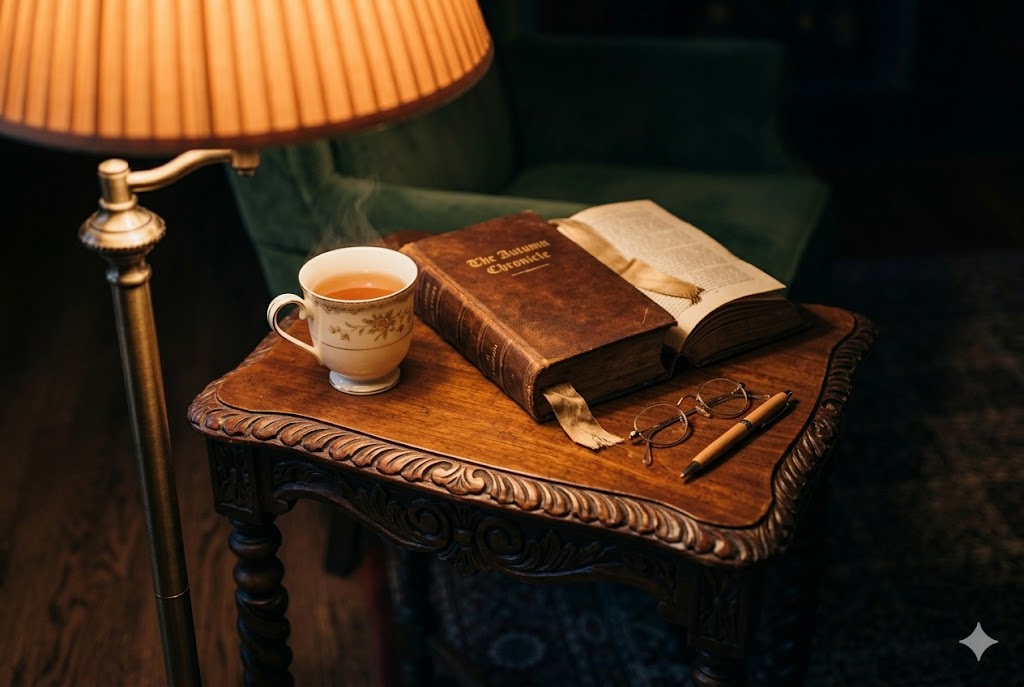 温かい光のフロアランプと、サイドテーブルに置かれた本とマグカップ