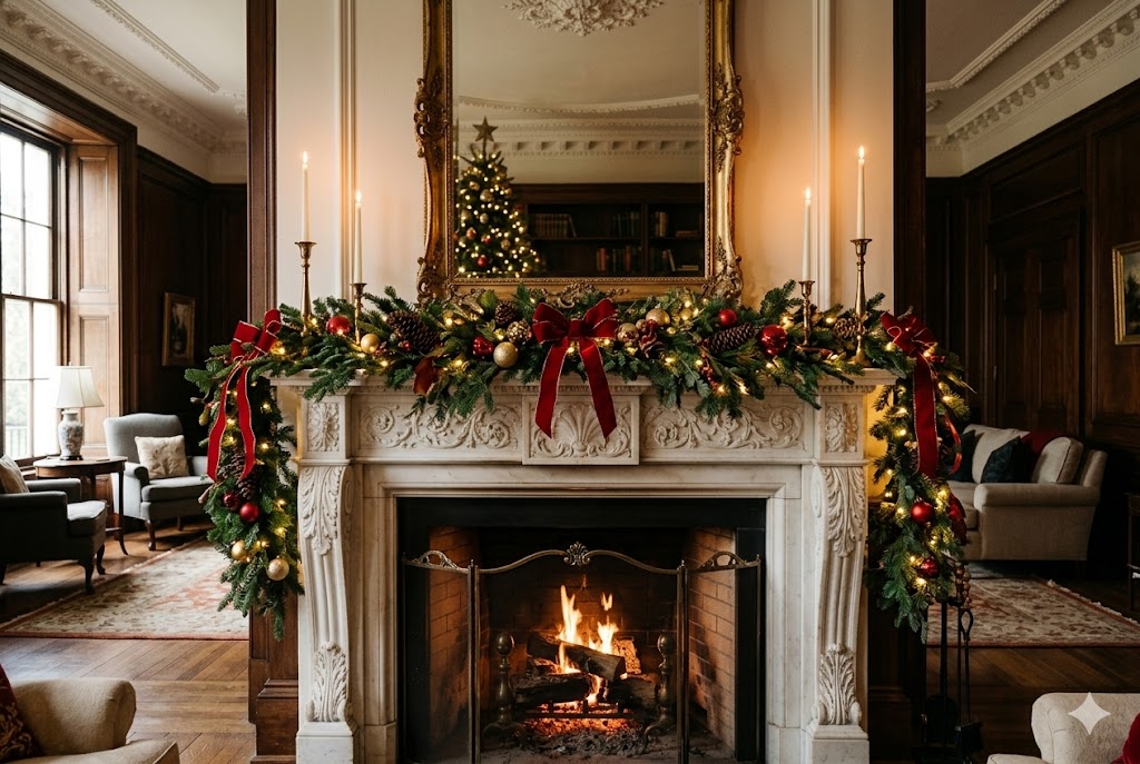 美しくクリスマスデコレーションされたクラシックなマントルピース