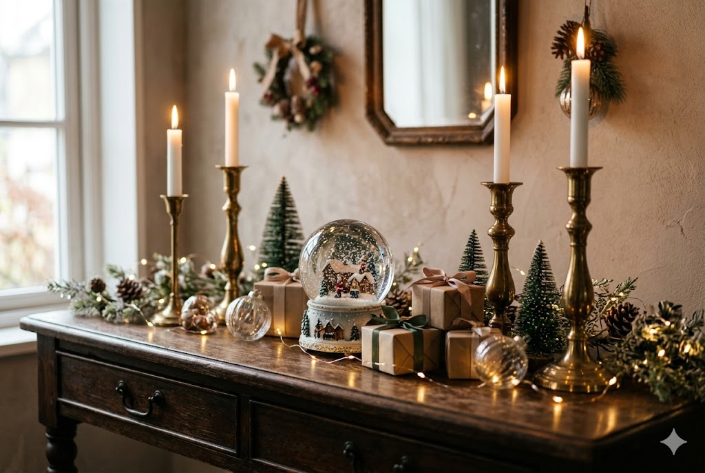 高さの違うキャンドルや小物がバランス良く飾られたコンソールテーブル