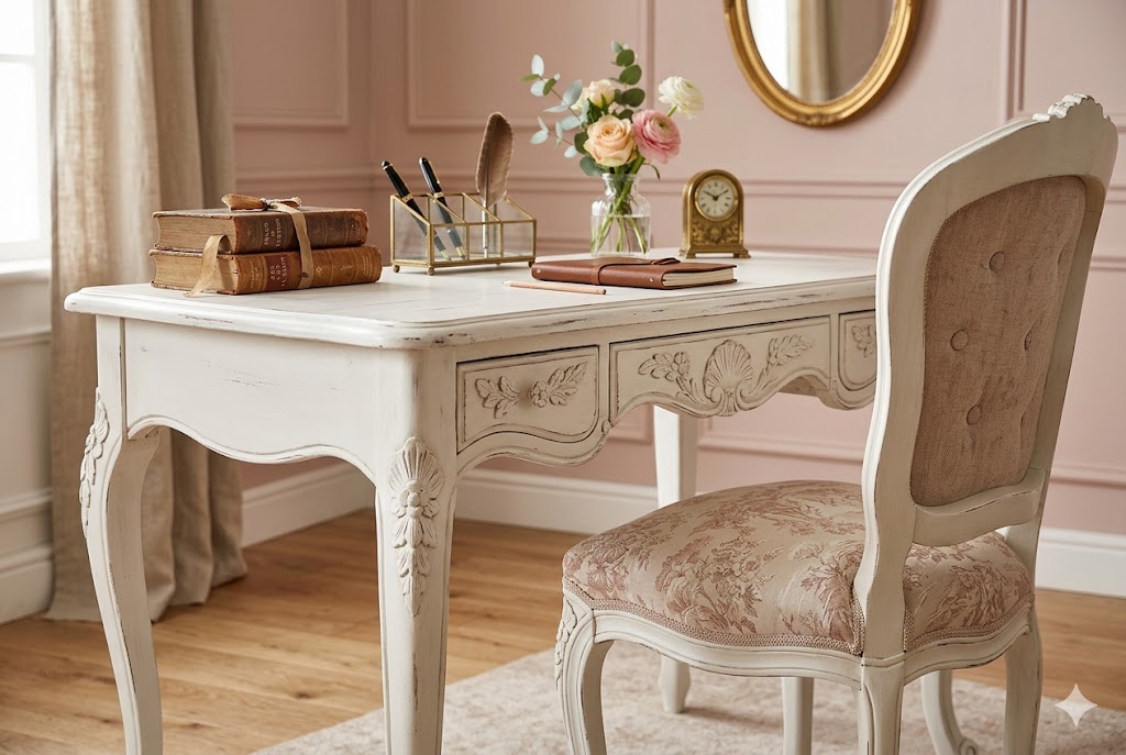 クラシカルな白いデスクとチェアが置かれた勉強・作業スペース