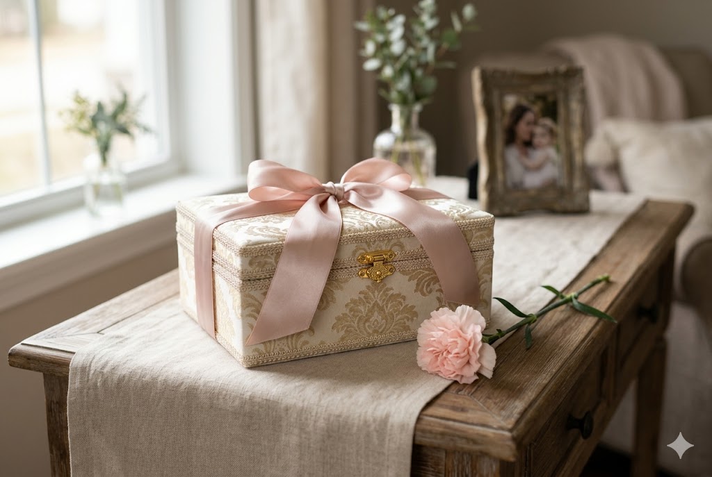 リボンが掛けられた美しい小物入れとカーネーション