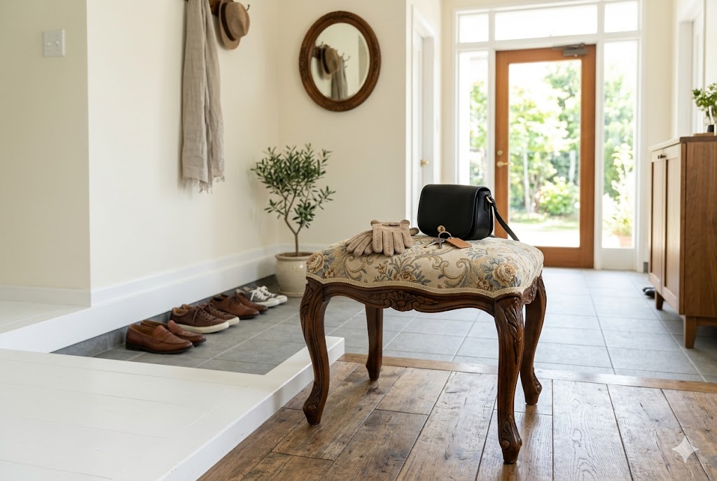玄関先に置かれたエレガントなスツール
