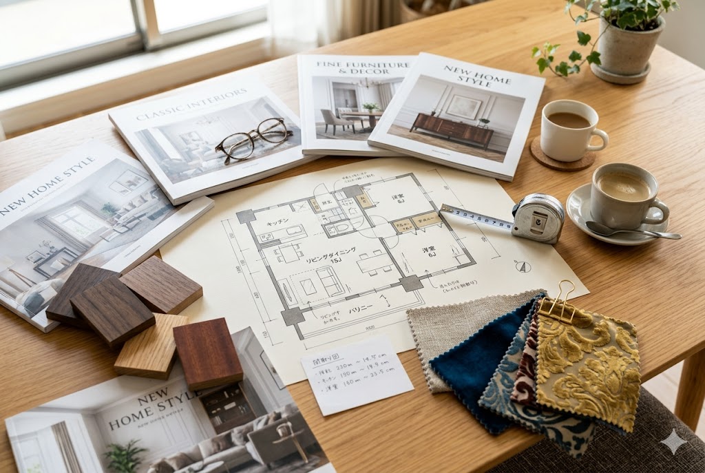インテリアカタログや図面を見ながら新しい家具の配置を考える様子