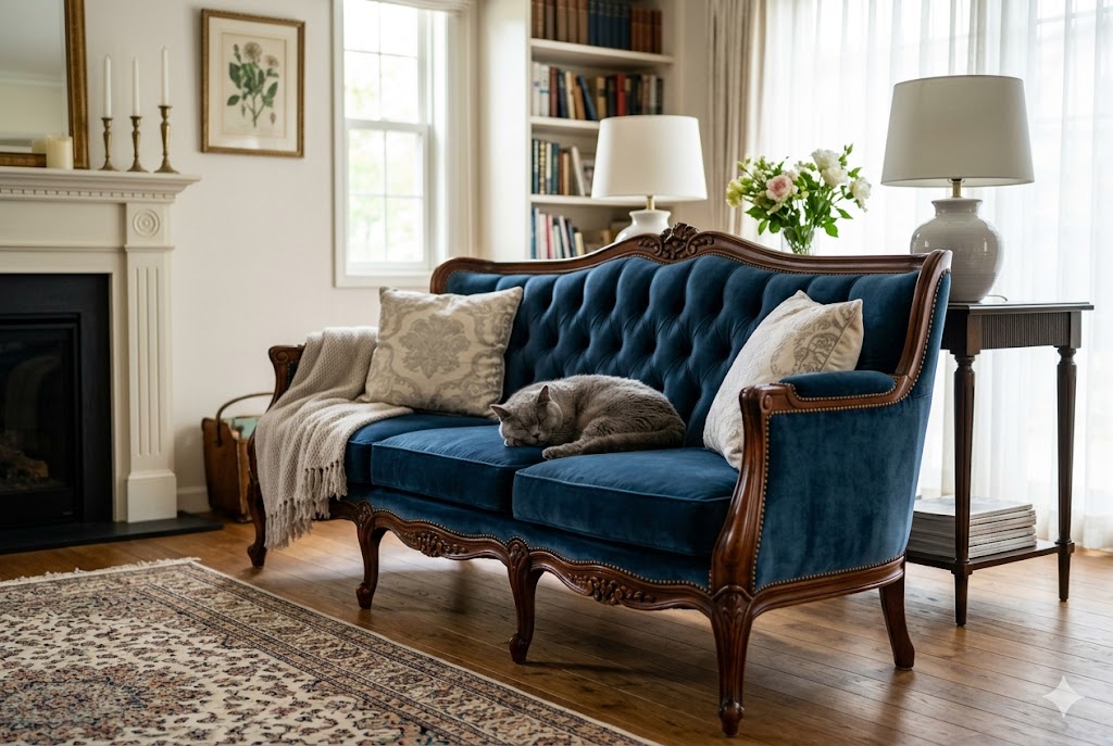 クラシックなソファの上でくつろぐ愛猫と美しいリビング