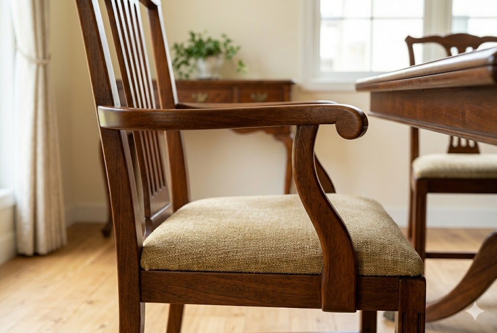 しっかりとした木製アームがついたクラシカルなダイニングチェア