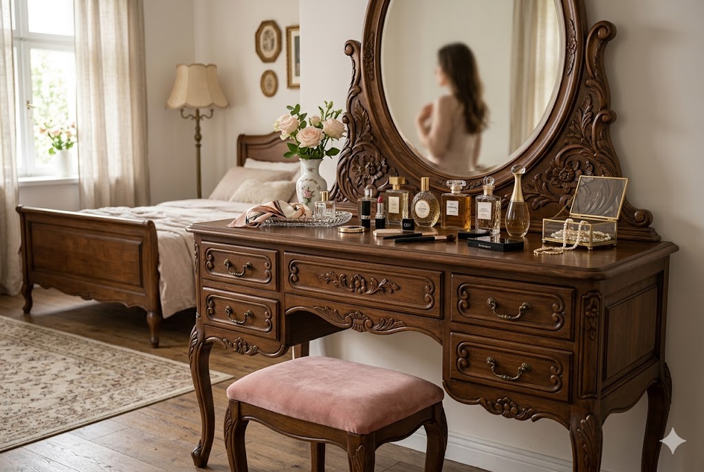 上品な猫脚のドレッサーでお出かけの準備をする女性