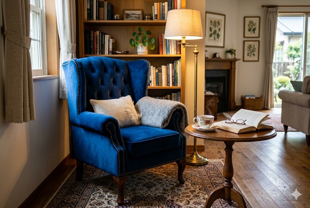 美しい装飾が施されたパーソナルチェアとサイドテーブル