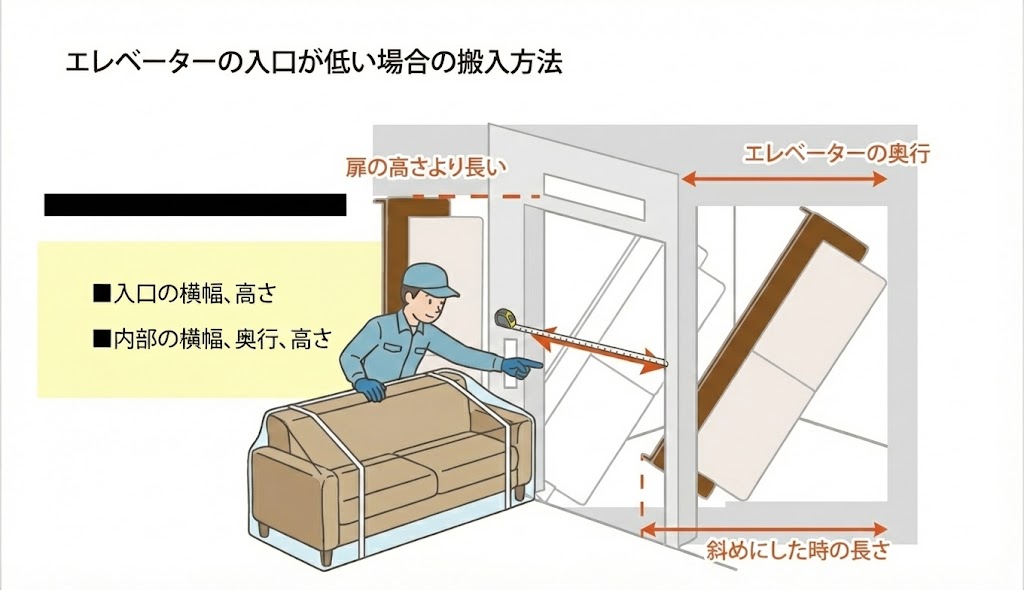 エレベーターの対角線と搬入