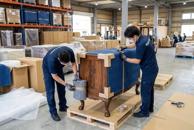 家具の梱包は芸術だ。大きなガラスキャビネットを安全に届けるプロの技