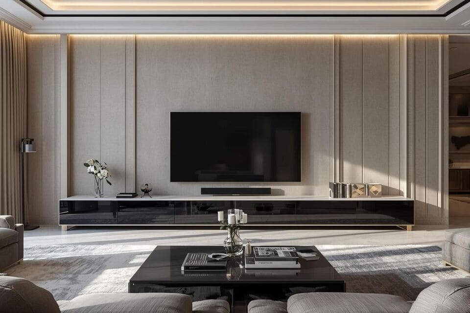 大型テレビとバランスのよい幅広のテレビボード