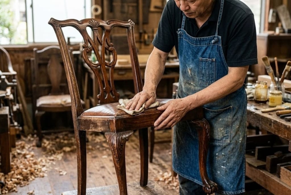 職人が家具を丁寧に修理（メンテナンス）している手元