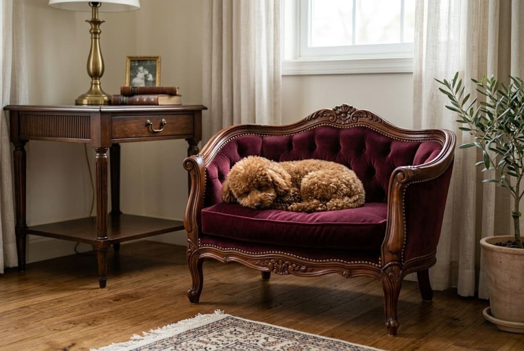 クラシックなデザインのペット用ベッドで眠る小型犬